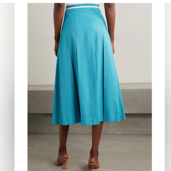 Gucci Turquoise Viscose Linen Pleated Midi Skirt with White Leather Gold GG Belt - Picture 5 of 11